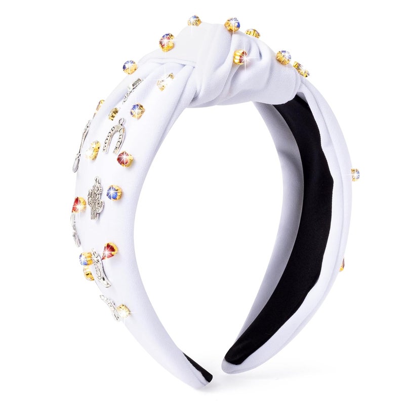PANTIDE Western Jeweled Knotted Headband - Cowgirl Boots Guitar Cactus Rhinestone Crystal Embellished Headband Wide Top Knot Fashion Hairband Hair Accessories Birthday Gift for Women Girls (White) - Image 1